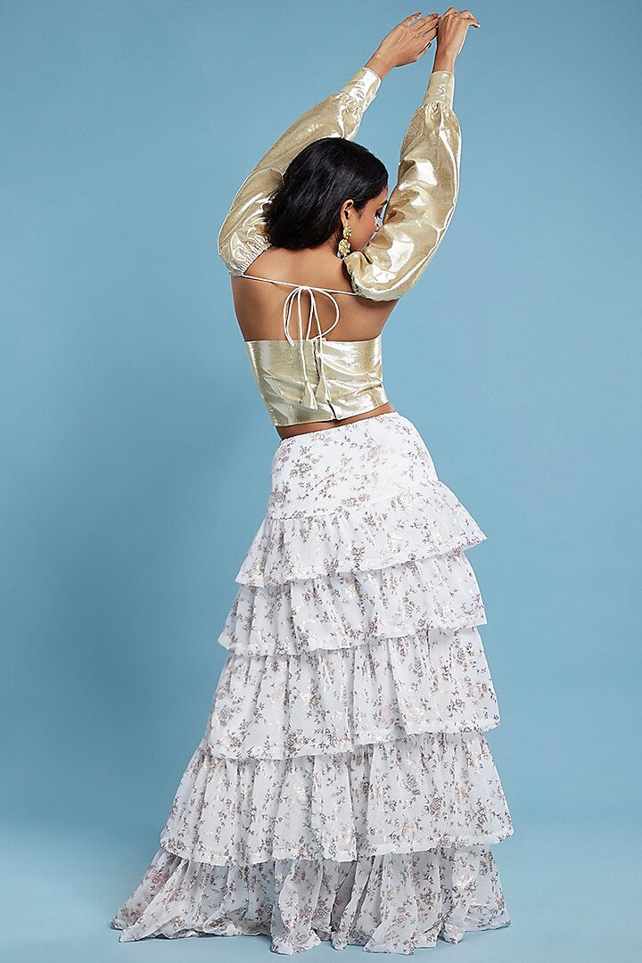White Recycled Polyester Tiered Lehenga Set