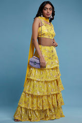 Yellow Recycled Polyester Tiered Lehenga Set
