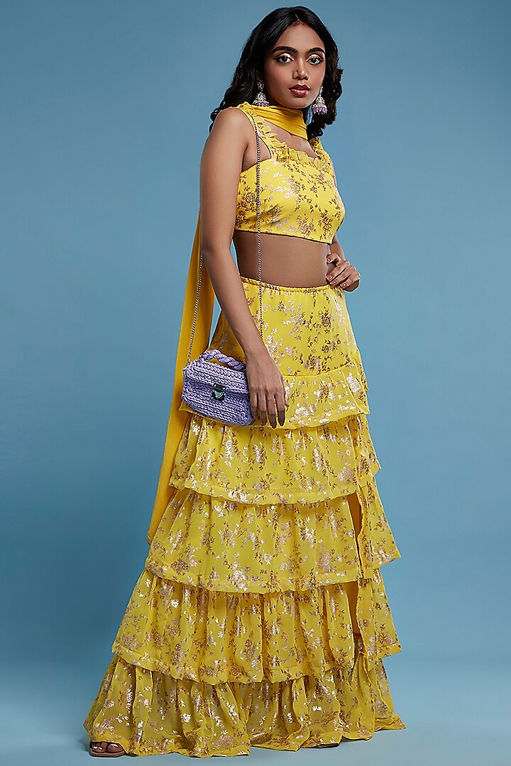 Yellow Recycled Polyester Tiered Lehenga Set