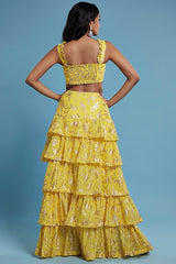 Yellow Recycled Polyester Tiered Lehenga Set