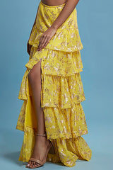Yellow Recycled Polyester Tiered Lehenga Set