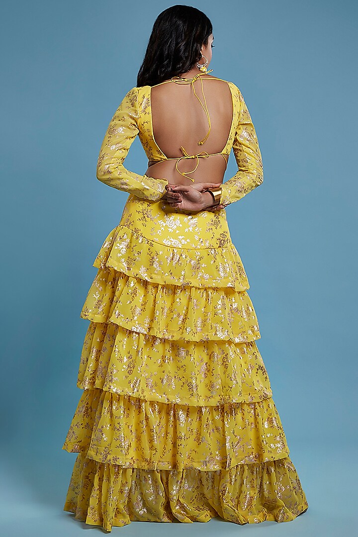 Yellow Recycled Polyester Tiered Lehenga Set