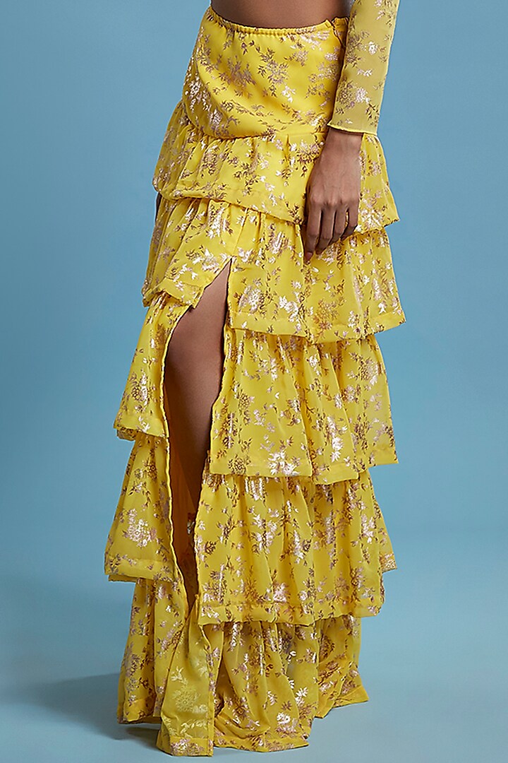 Yellow Recycled Polyester Tiered Lehenga Set