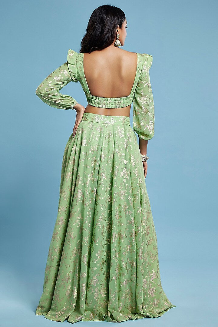 Green Recycled Polyester Tiered Lehenga Set