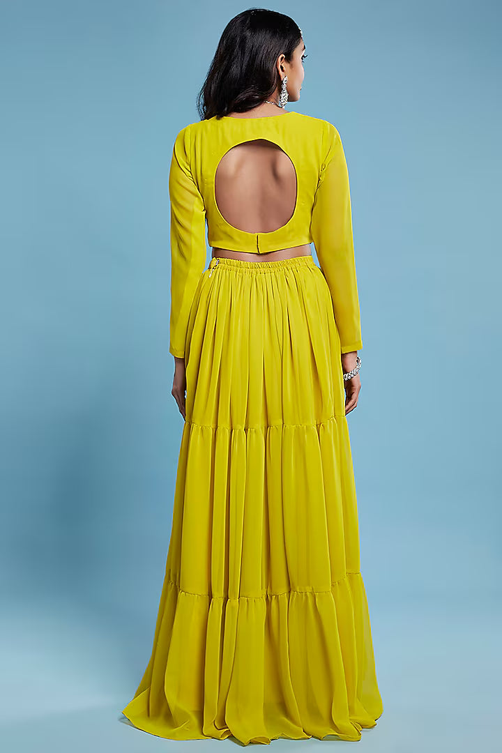 Lime Recycled Polyester Tiered Lehenga Set