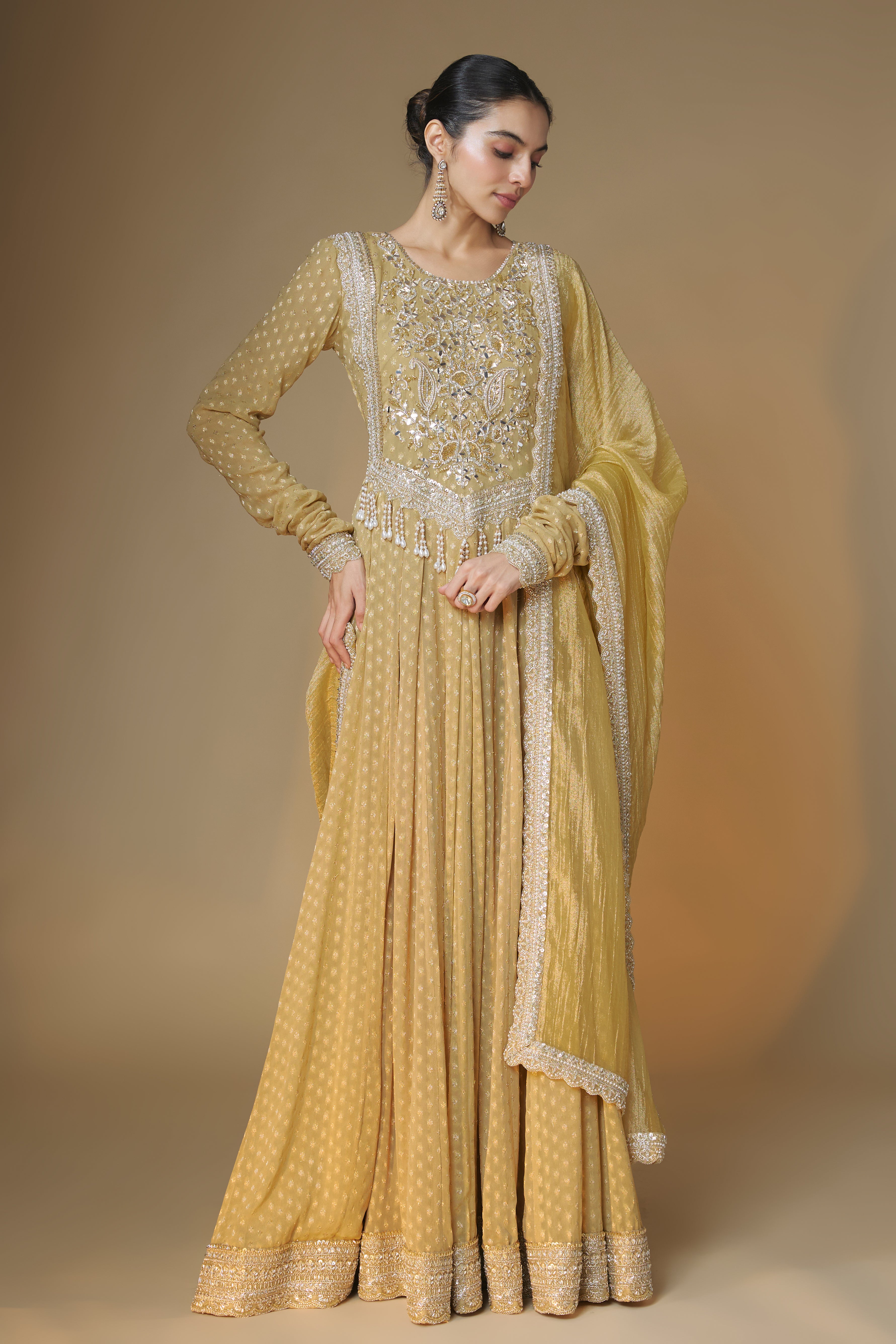Champagne gold benarasi butti anarkali dress