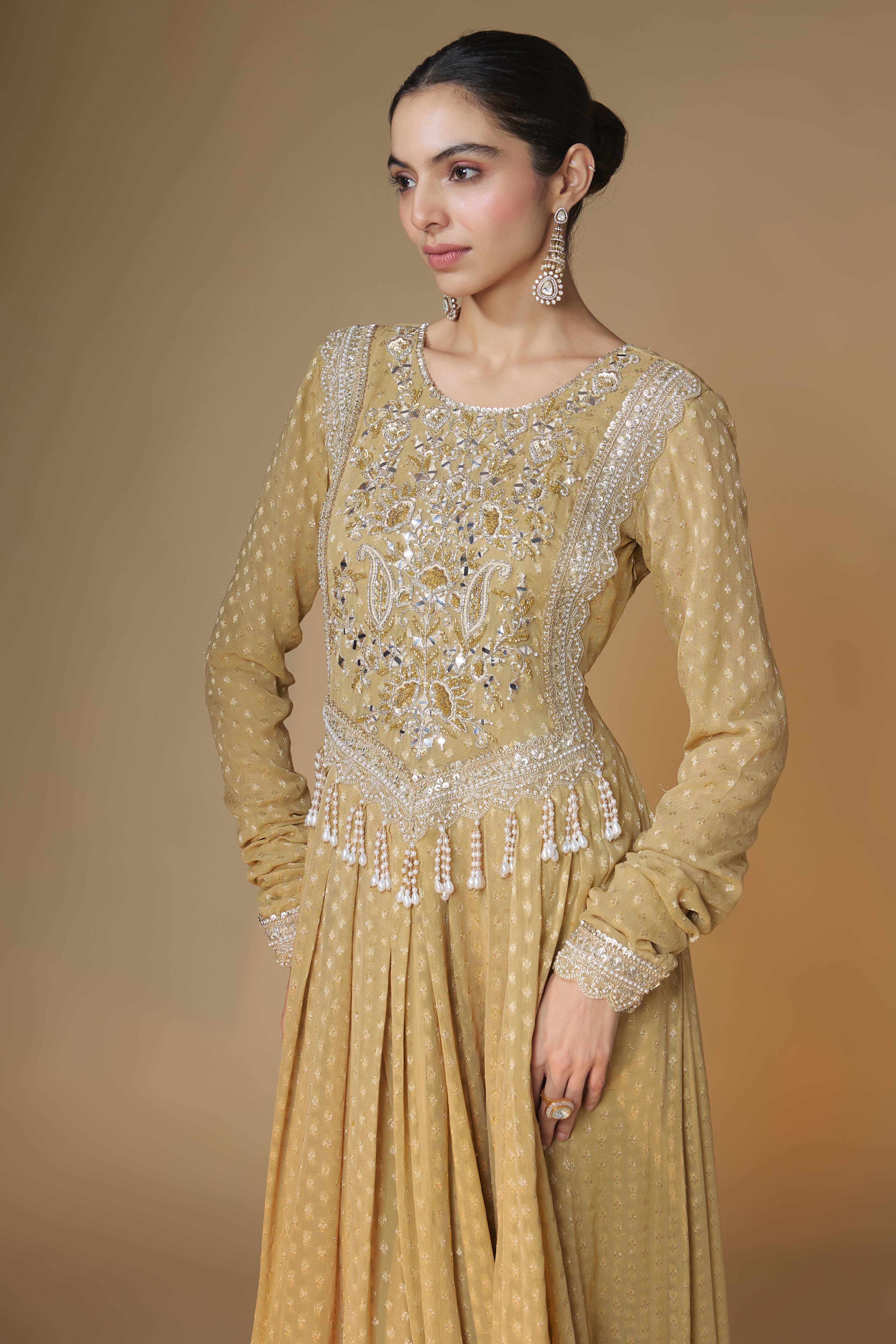 Champagne gold benarasi butti anarkali dress