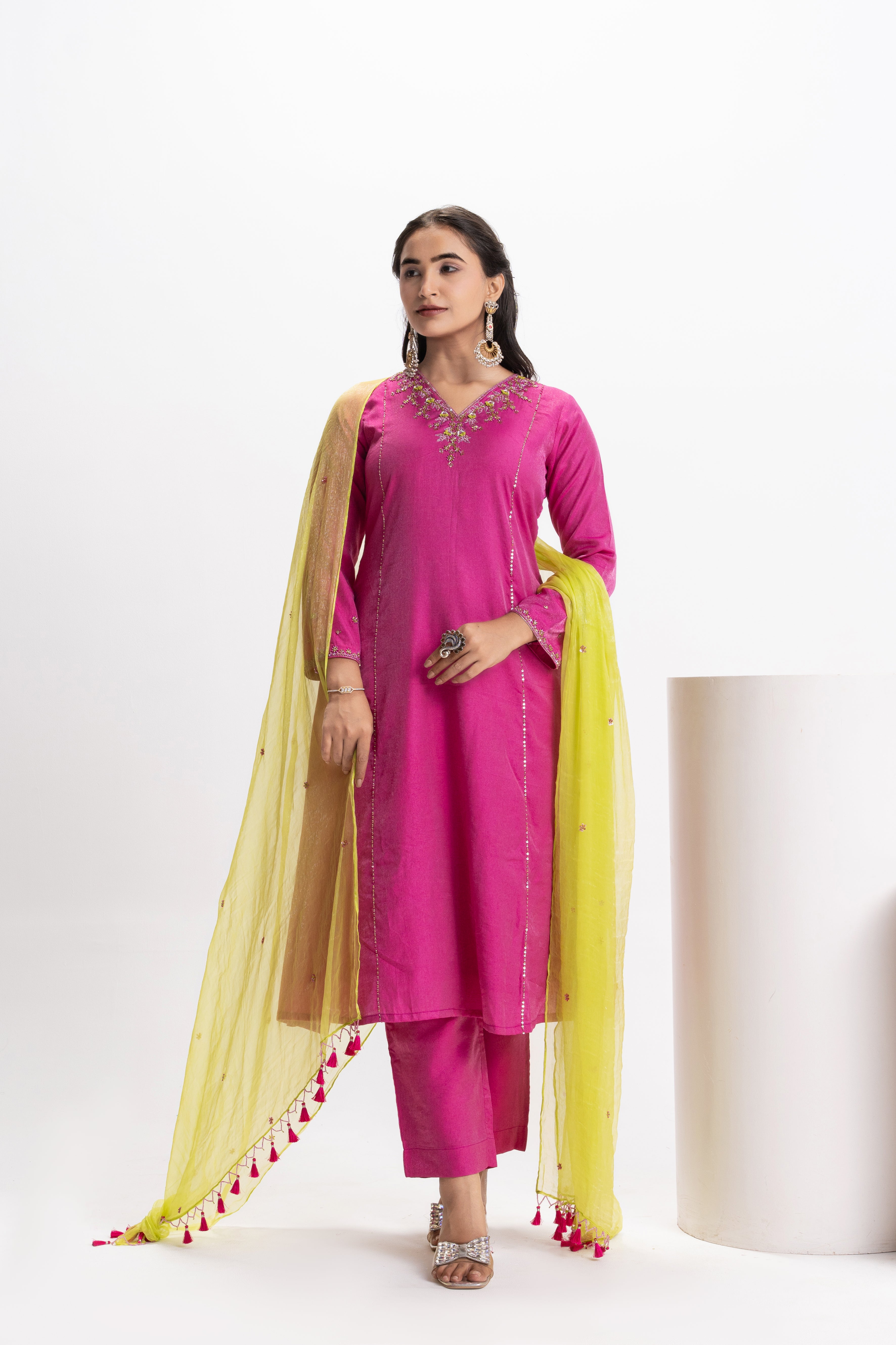 PINK CHANDERI KURTA PANT SET