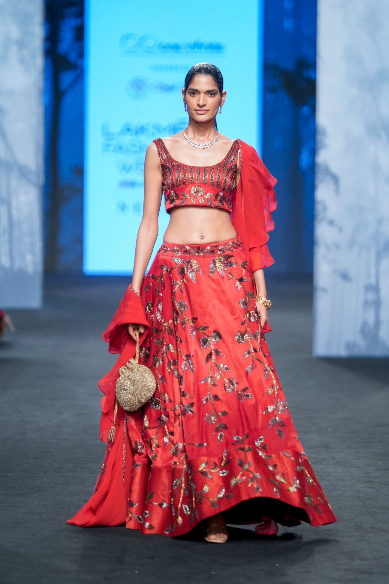 Marrot lehenga with blouse and  Ruffle dupatta