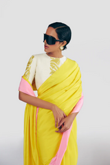 Yellow & Pink Blocked Saree