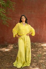 Green Hand Embrioderied Shirt with Flarred plazzos
