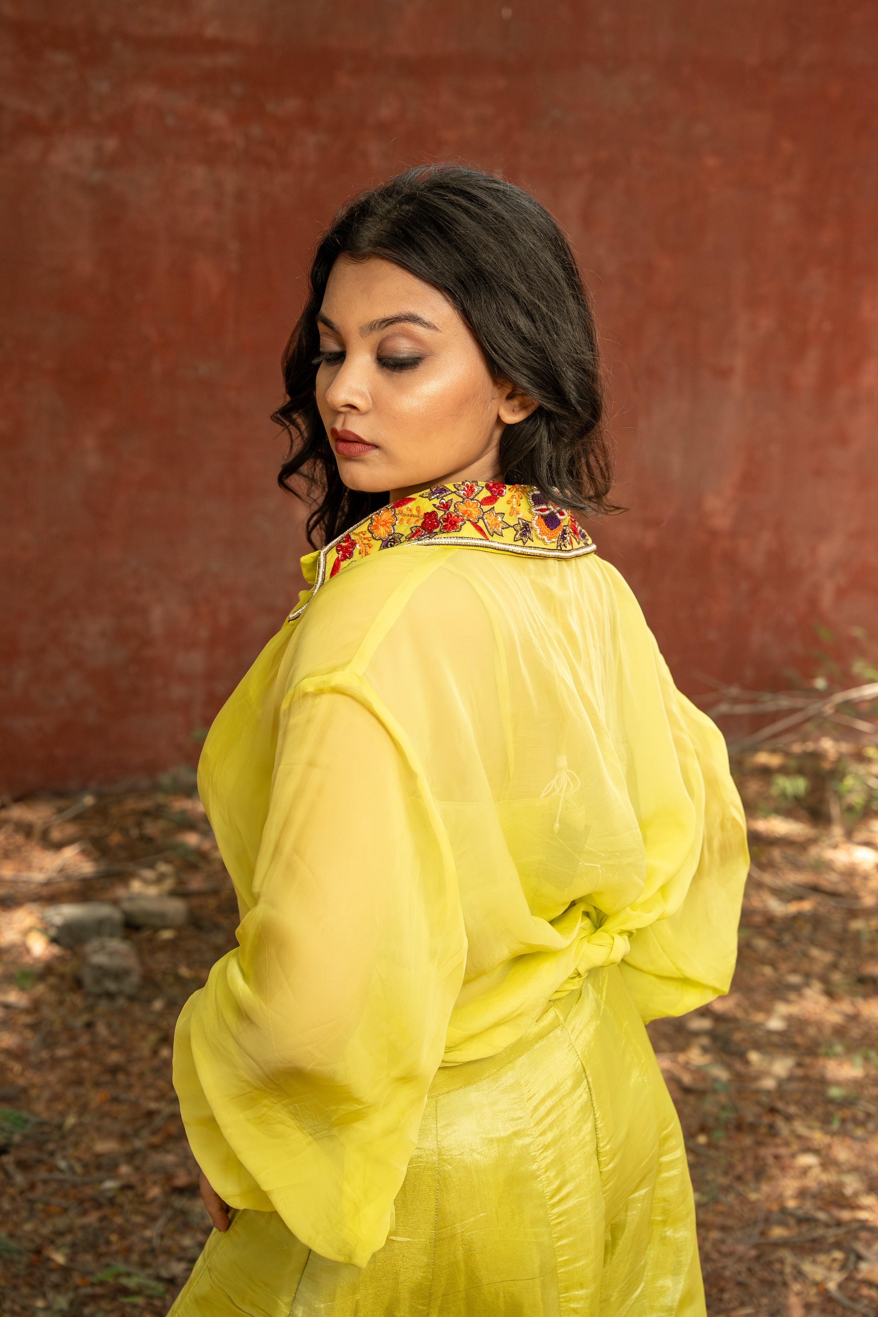 Green Hand Embrioderied Shirt with Flarred plazzos