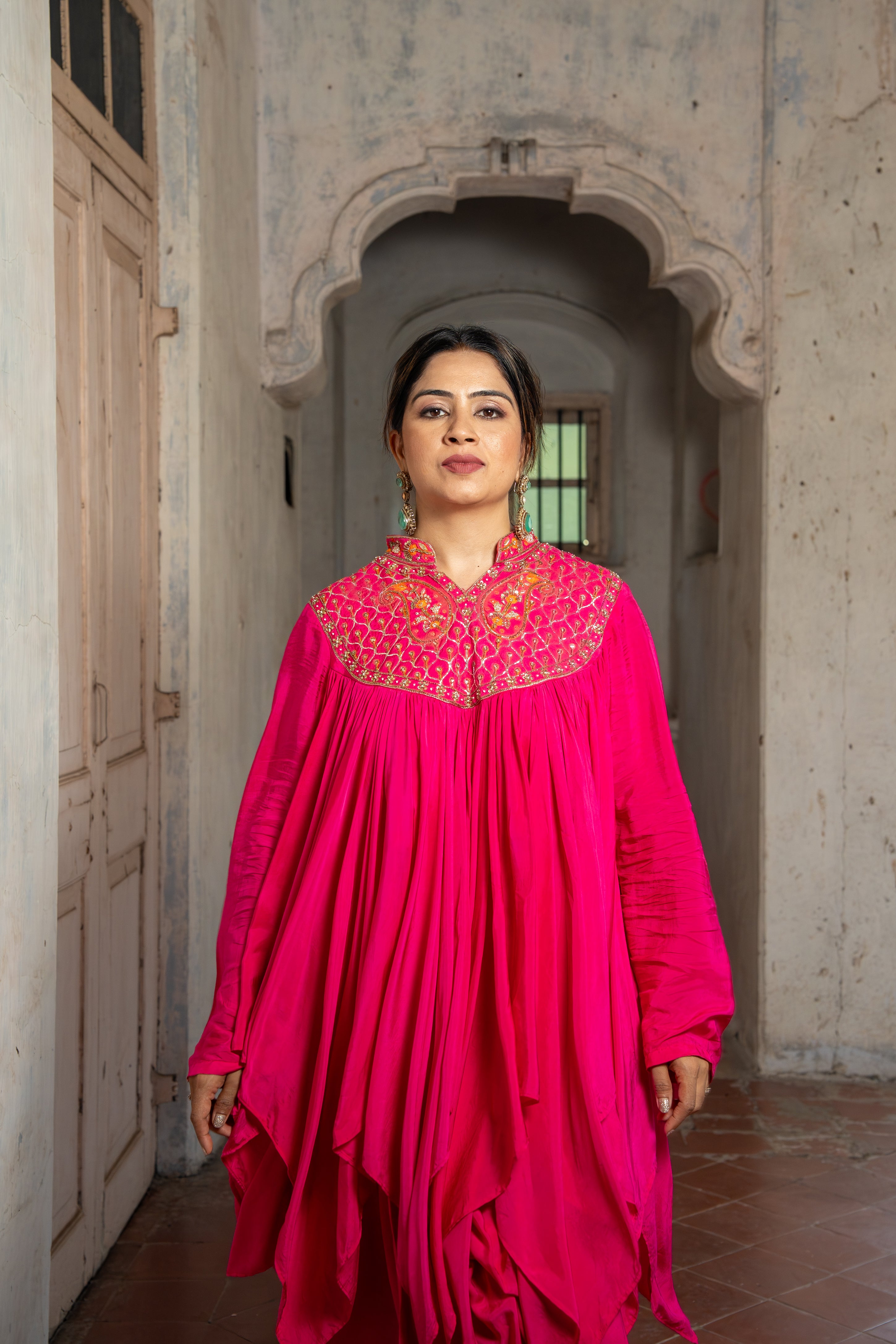 Assymetric ruffle Kurti with cowl skirt