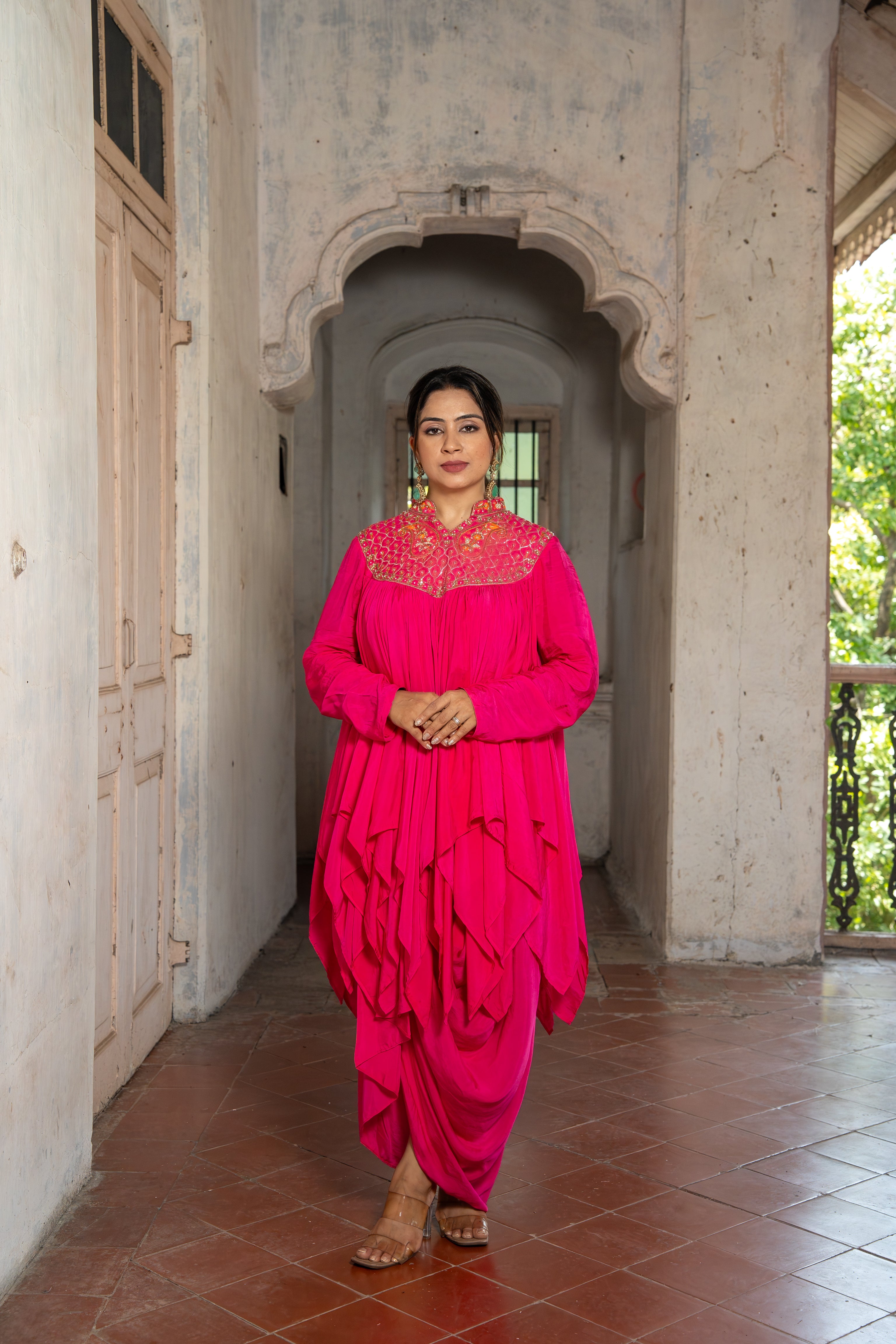 Assymetric ruffle Kurti with cowl skirt