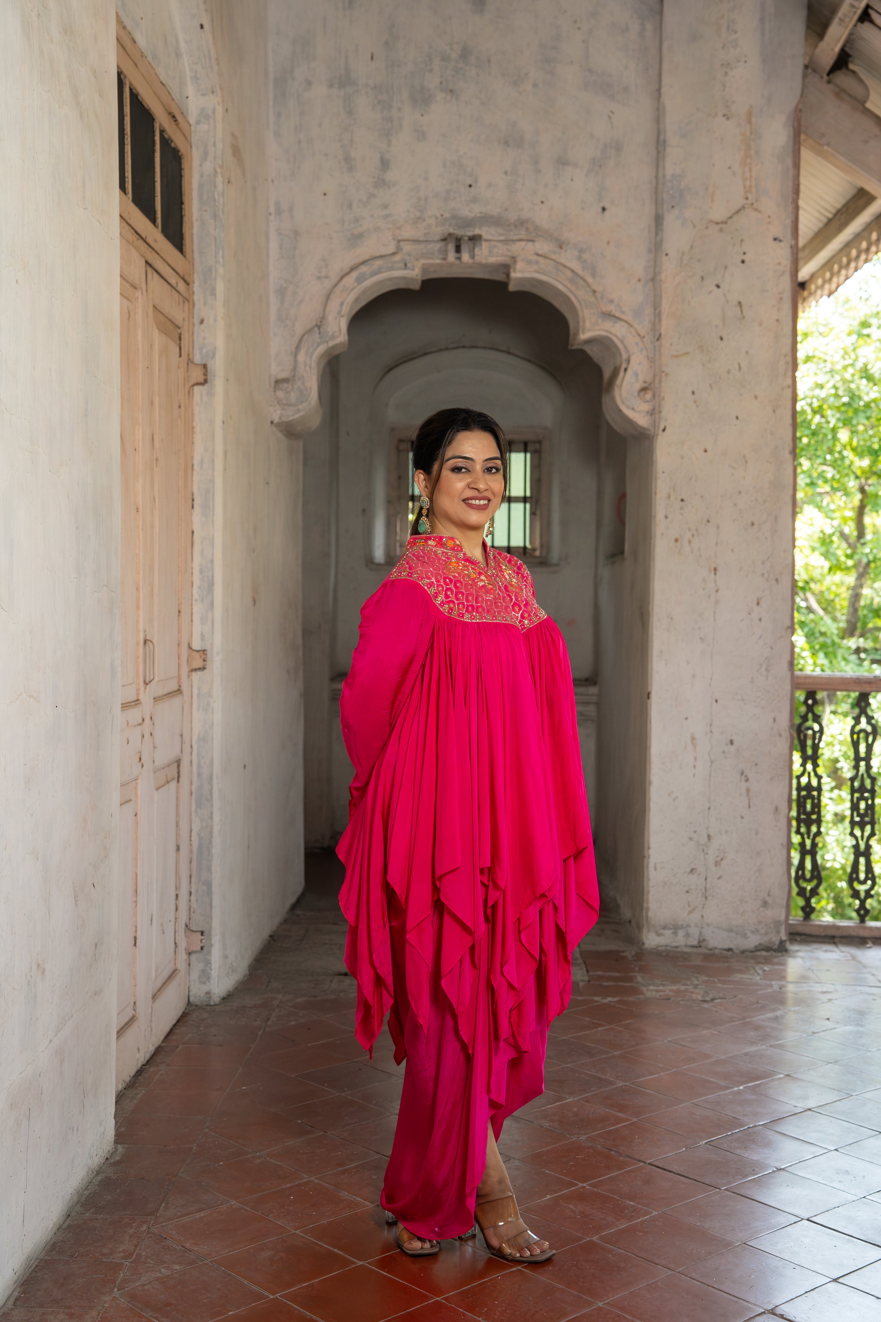 Assymetric ruffle Kurti with cowl skirt