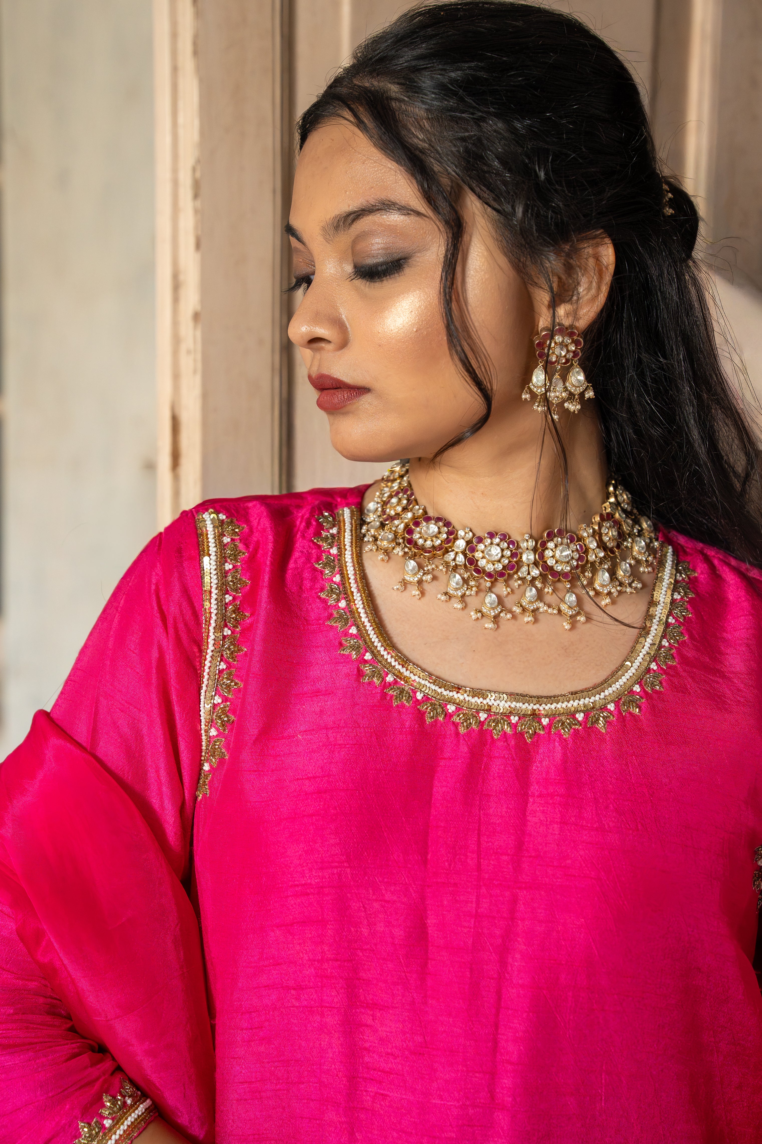 Fuchsia pink handwork motif suit set