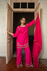Fuchsia pink handwork motif suit set