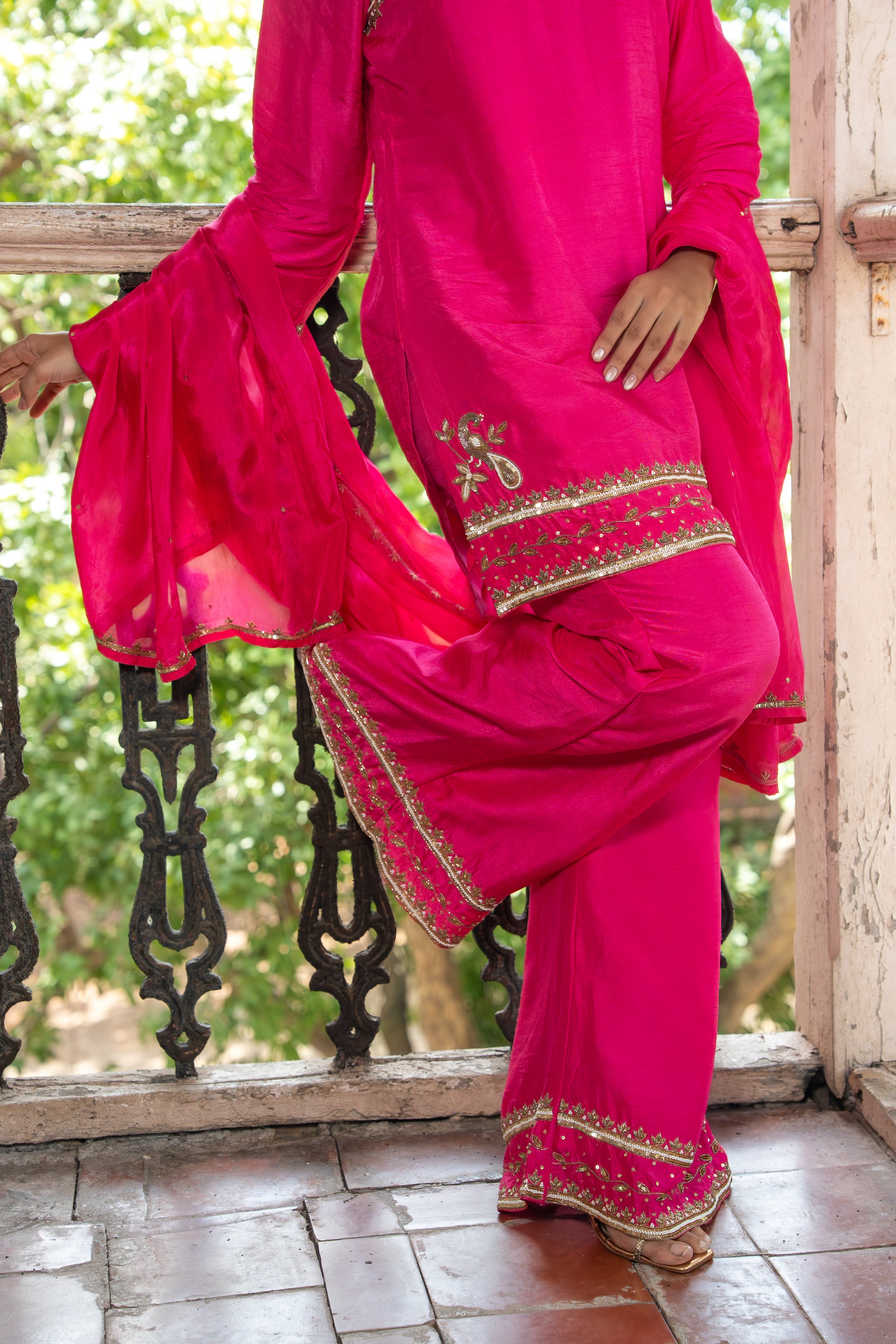 Fuchsia pink handwork motif suit set