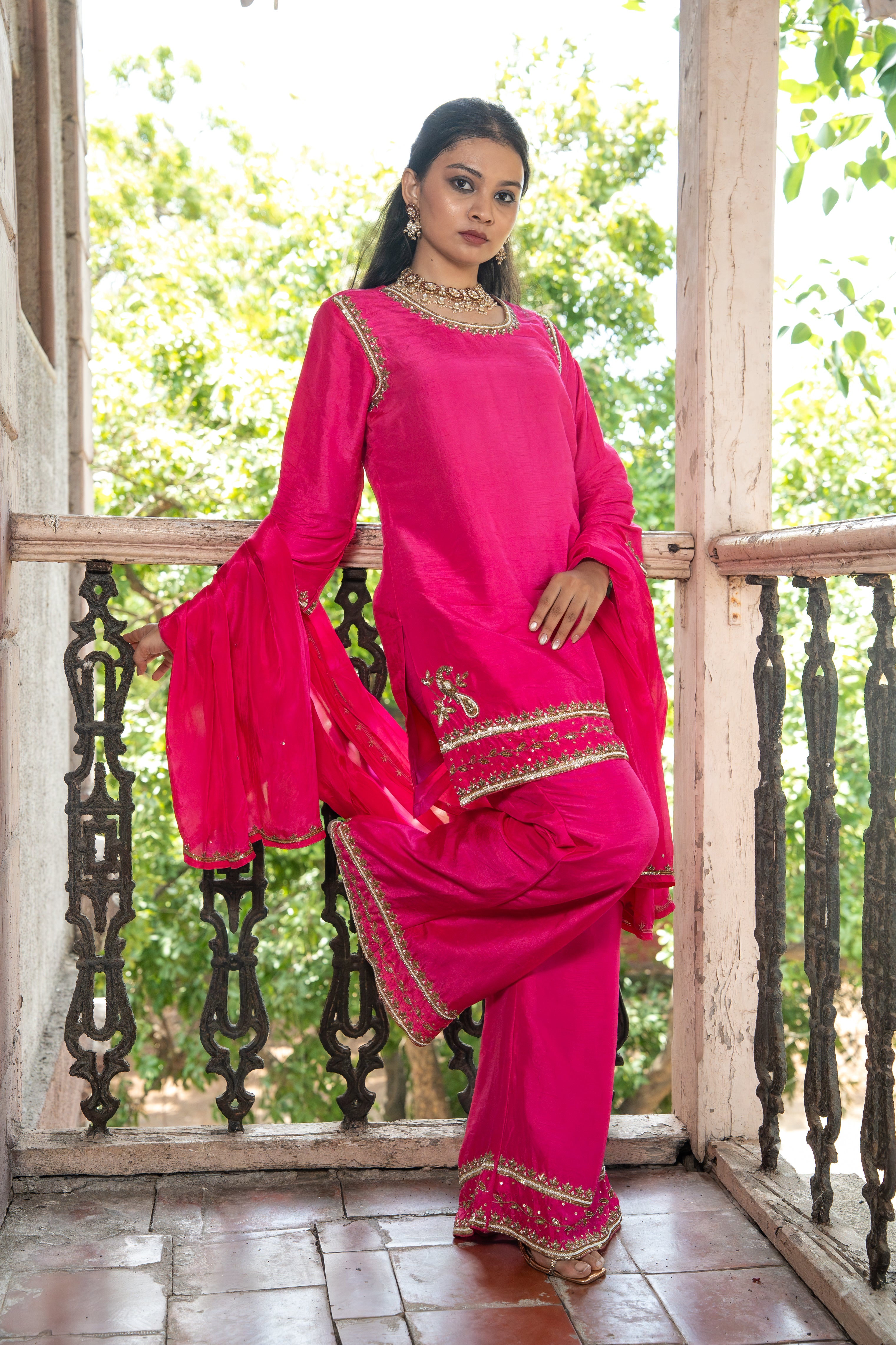 Fuchsia pink handwork motif suit set