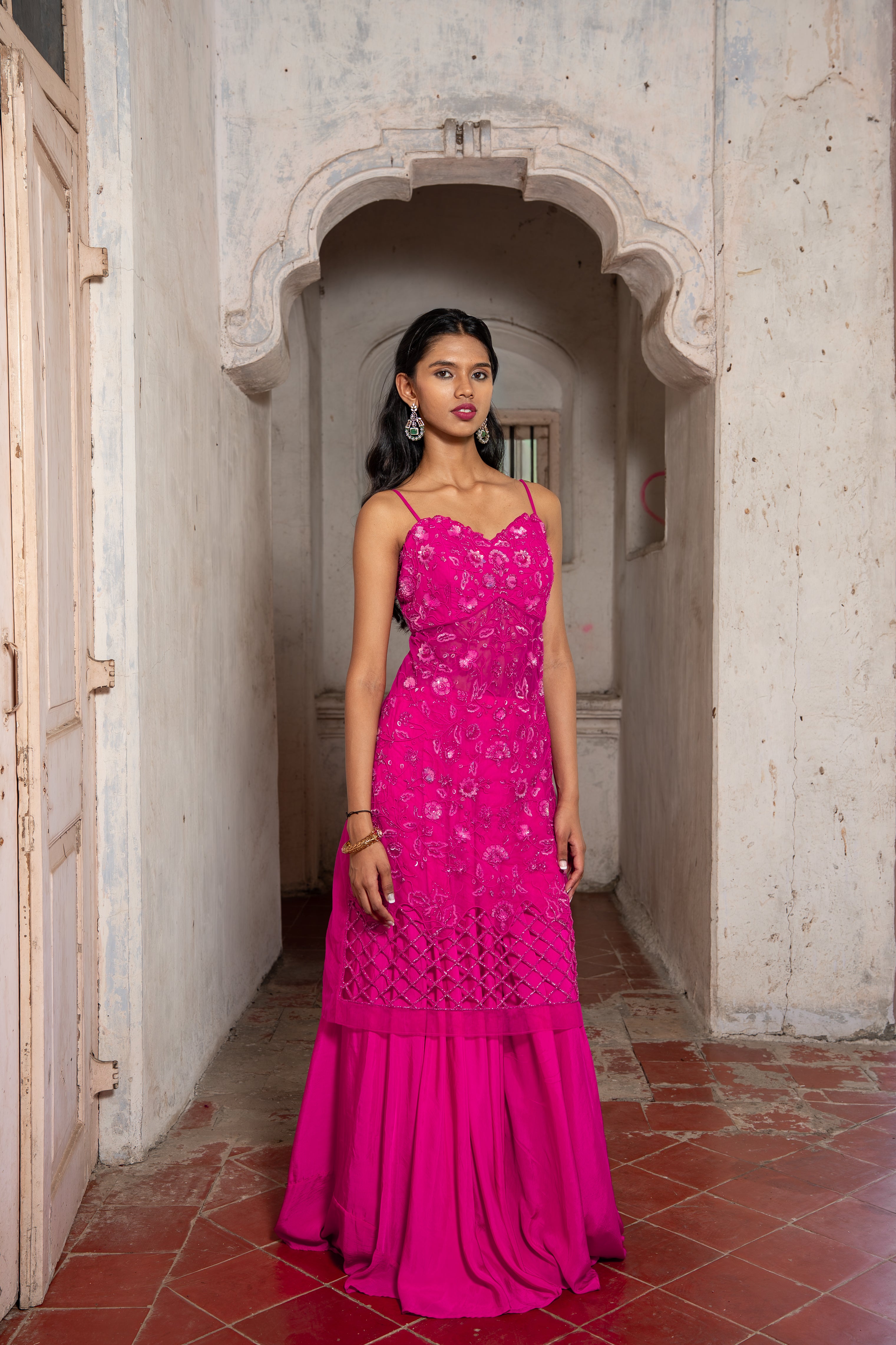 Pink Handwork cut out kurti with flarred plazzos