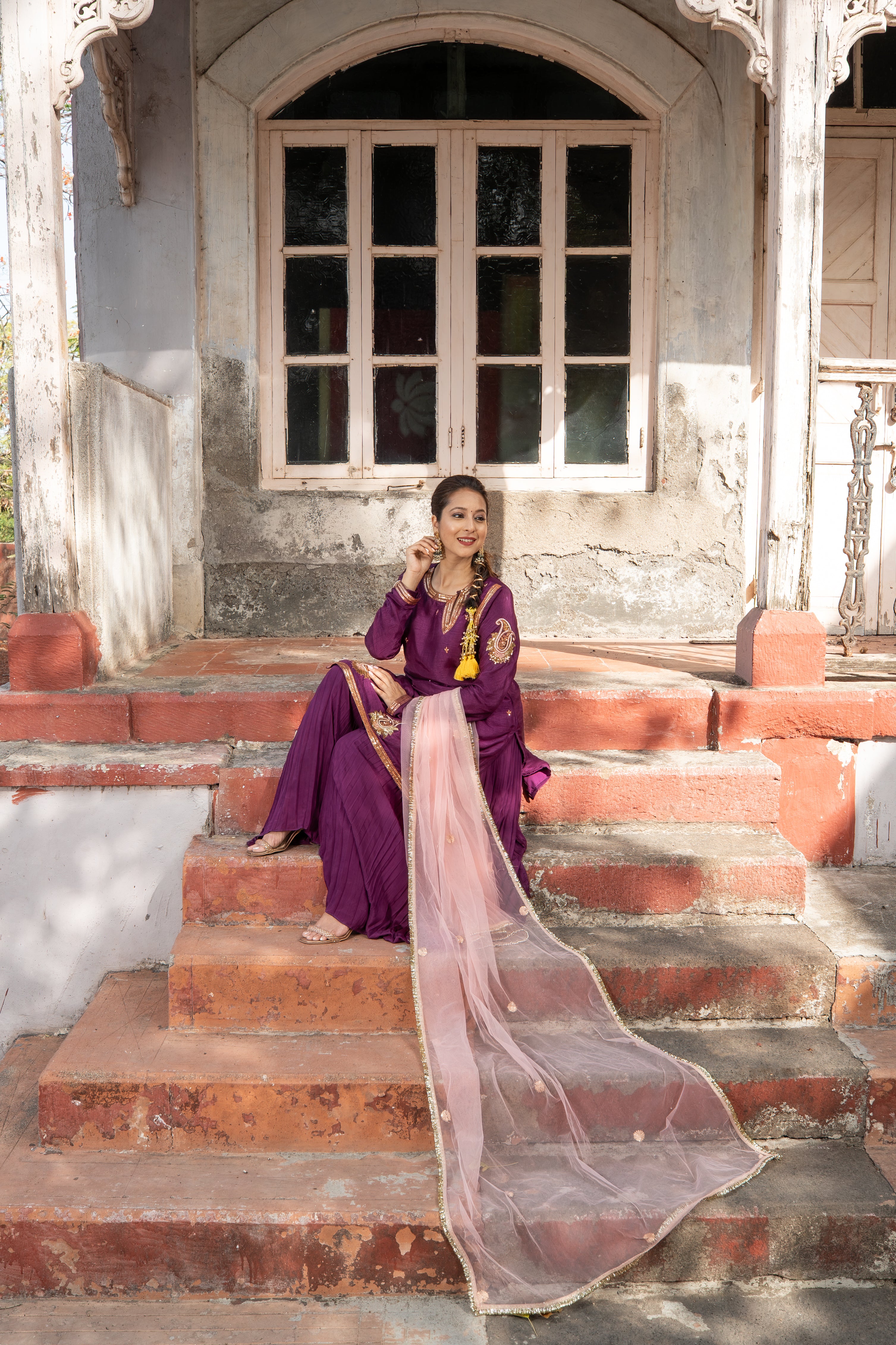 Purple wine Kurta with Pleated plazzos dupatta set