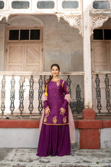 Purple wine Kurta with Pleated plazzos dupatta set