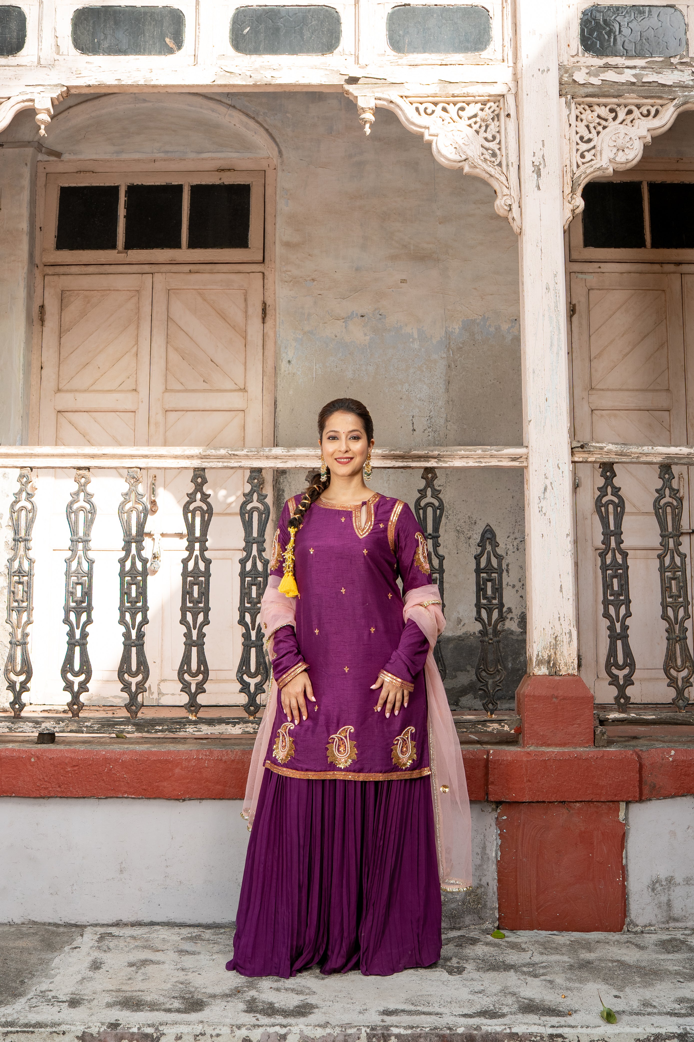 Purple wine Kurta with Pleated plazzos dupatta set