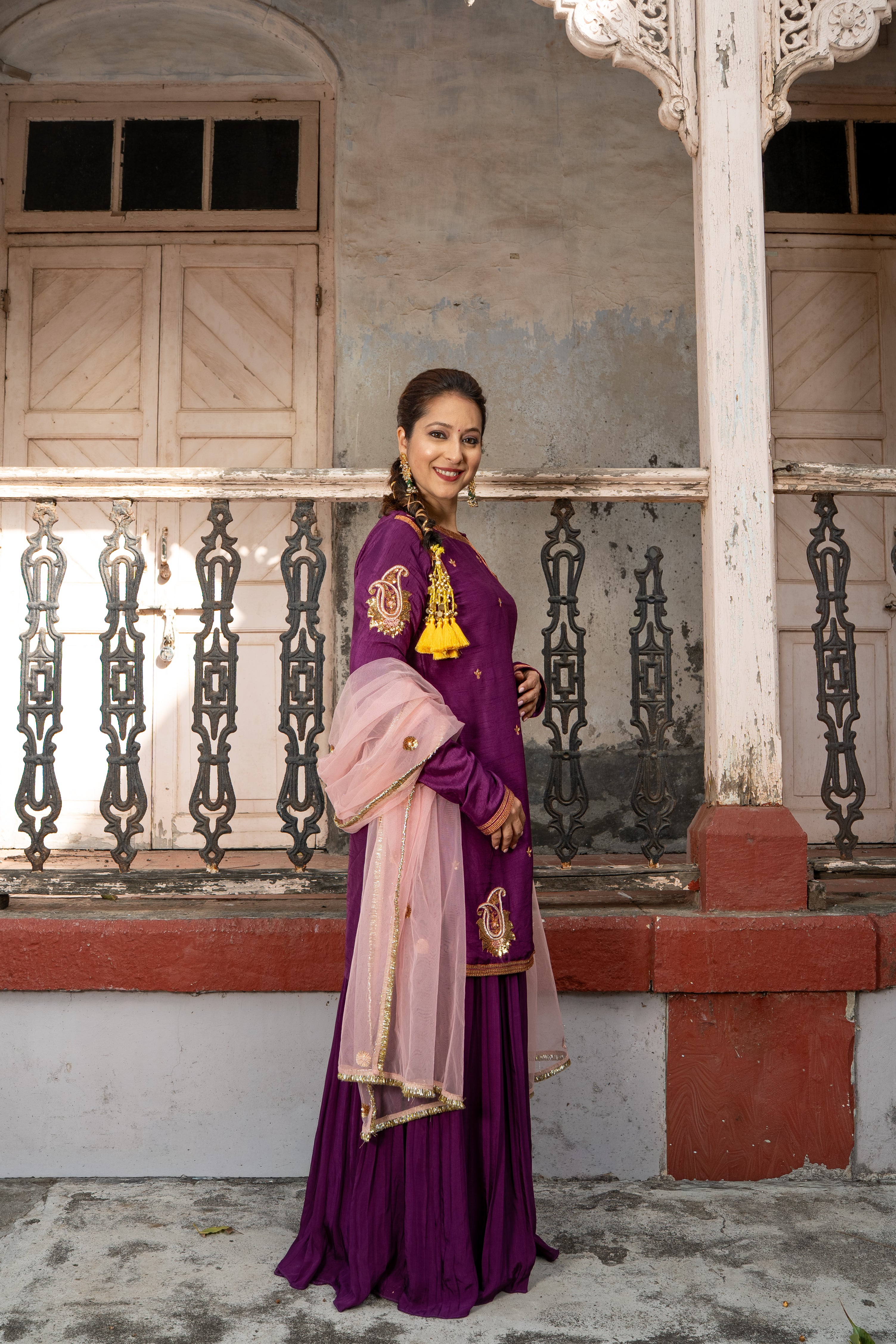 Purple wine Kurta with Pleated plazzos dupatta set