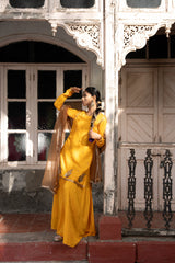 Marigold Yellow Kurta with pleated plazzos dupatta set