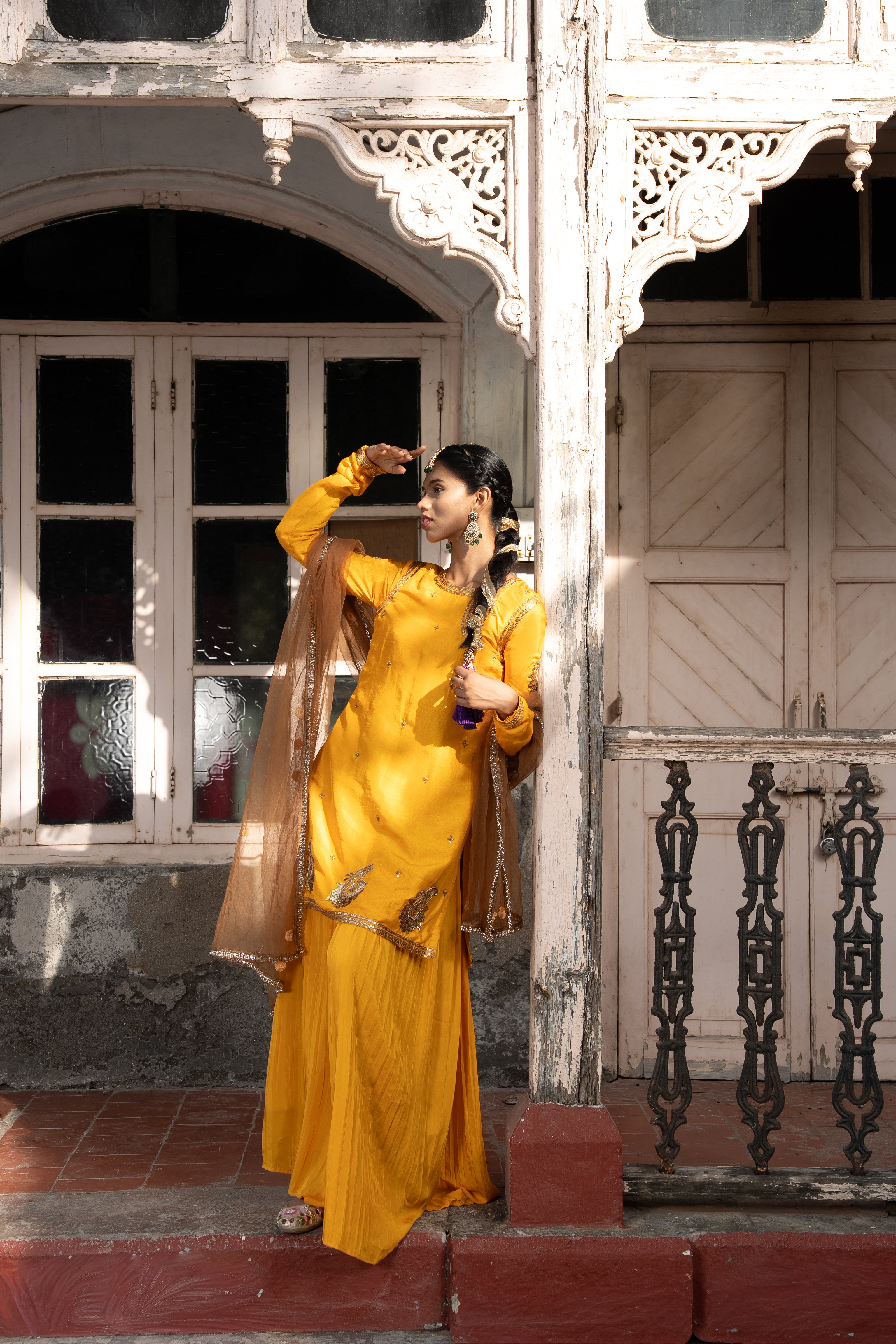 Marigold Yellow Kurta with pleated plazzos dupatta set