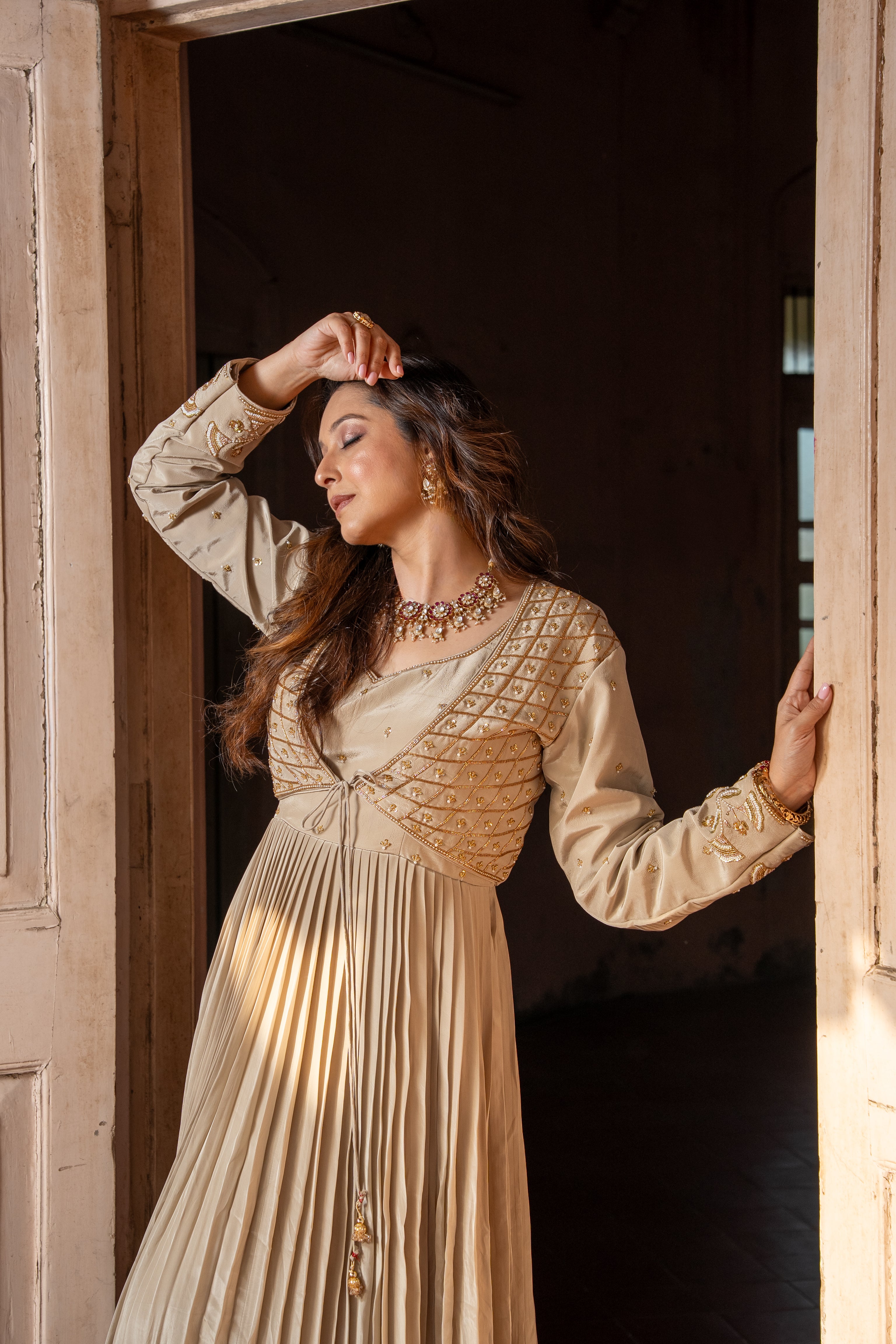 Beige Grey Colored handwork gown with Jacket