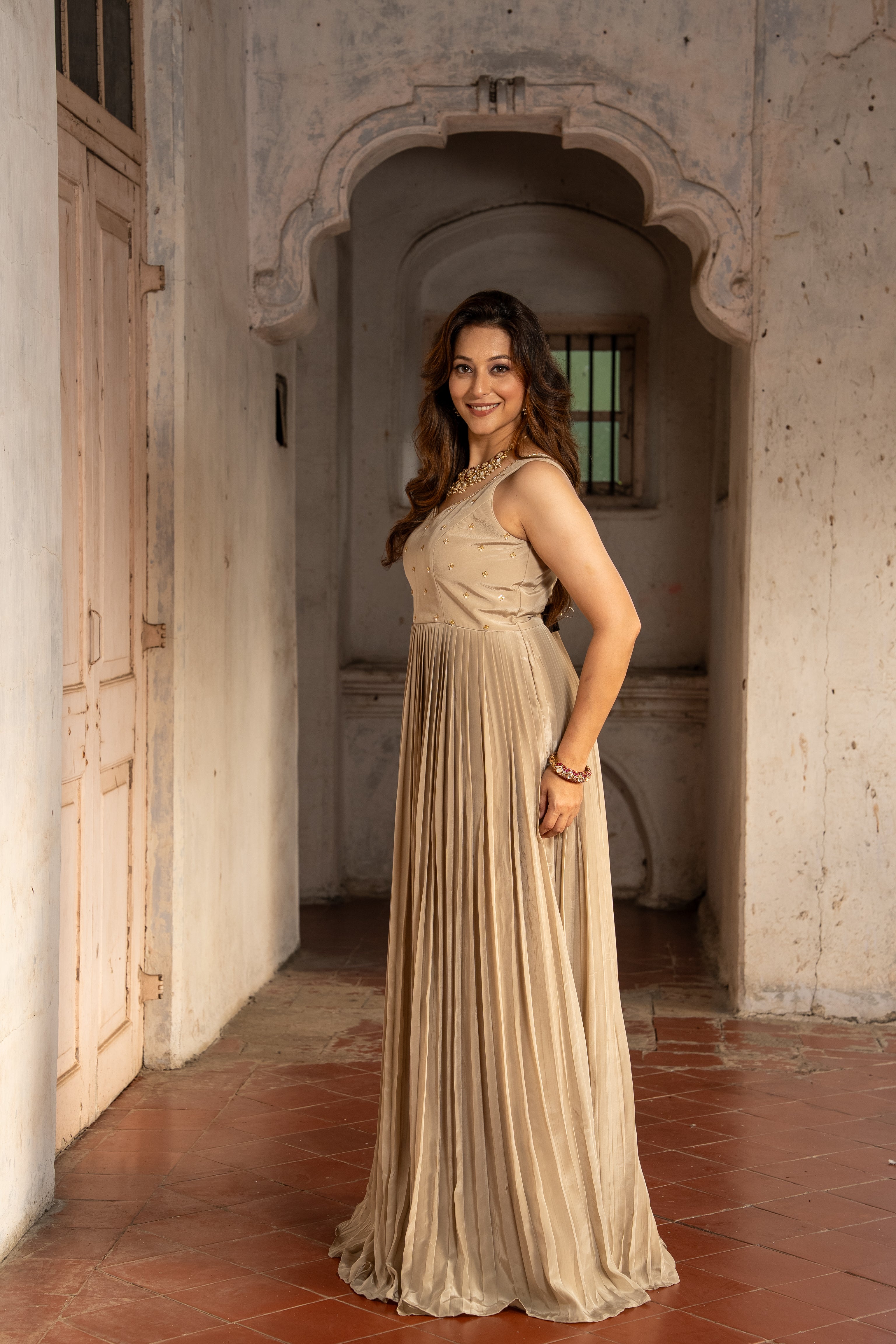 Beige Grey Colored handwork gown with Jacket