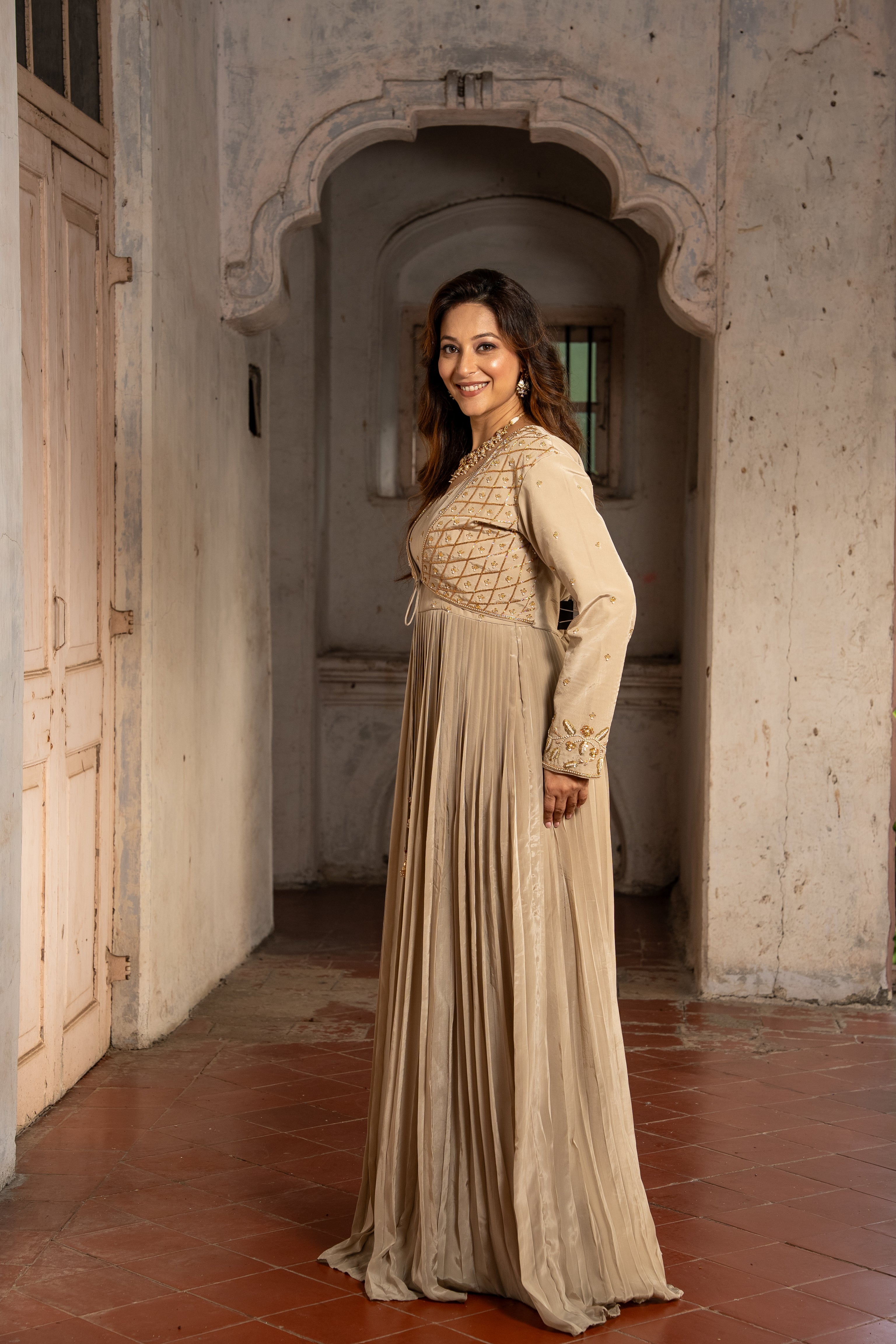 Beige Grey Colored handwork gown with Jacket