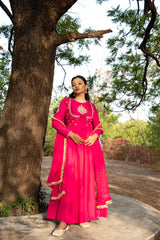 Fuchsia Pink double yoke suit set with dupatta