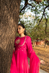 Fuchsia Pink double yoke suit set with dupatta