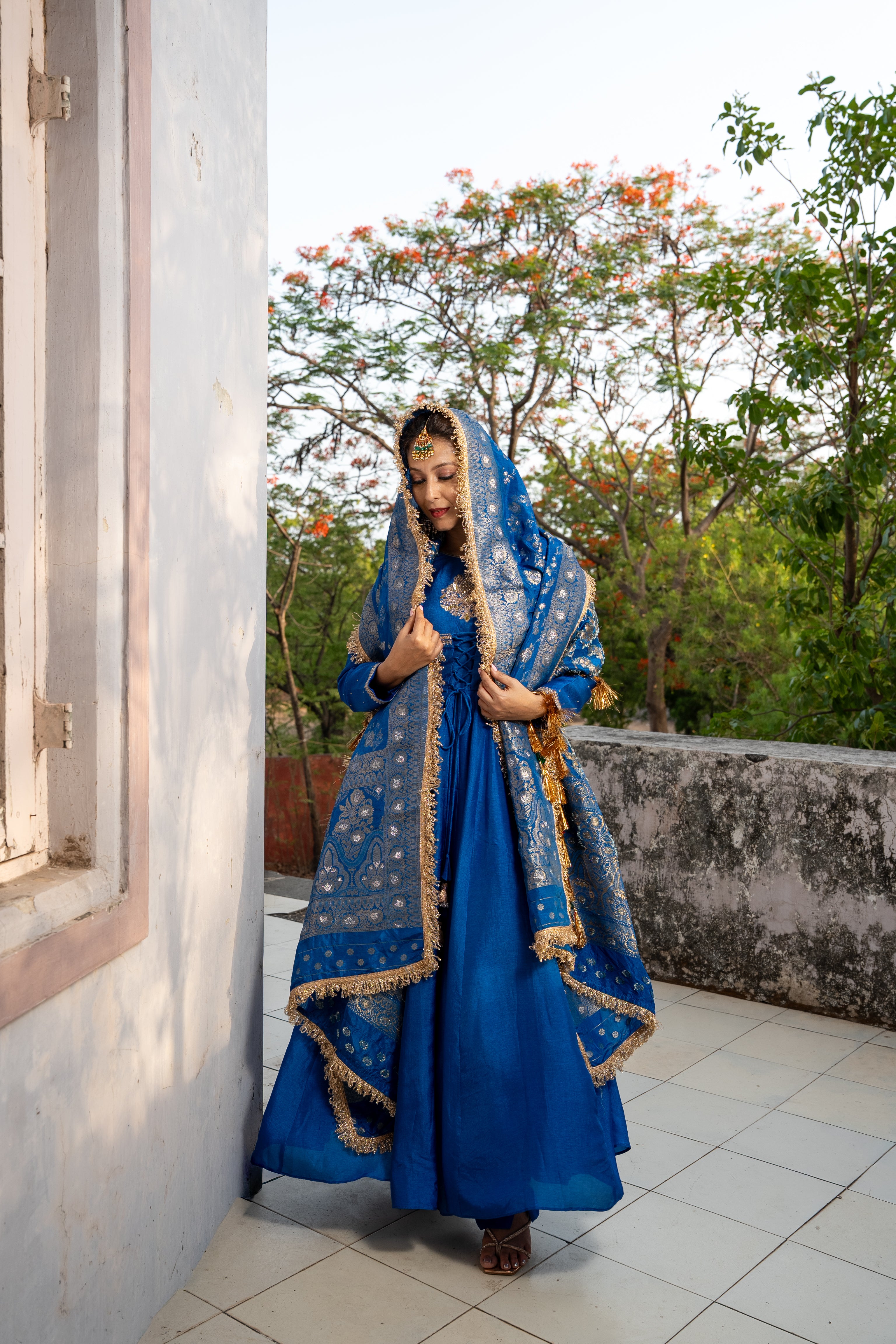 Royal Blue double yoke suit set with dupatta