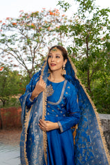 Royal Blue double yoke suit set with dupatta