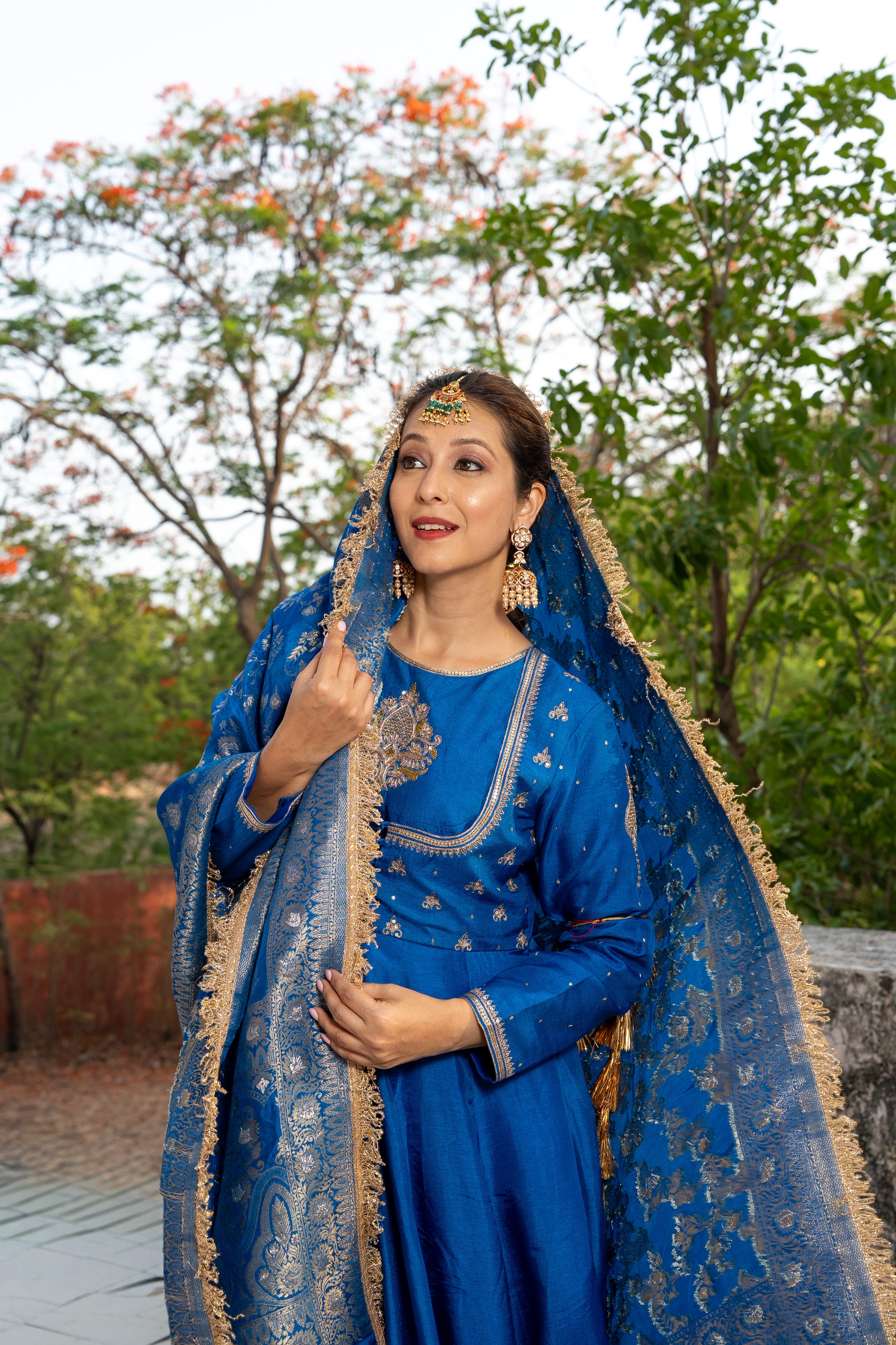 Royal Blue double yoke suit set with dupatta