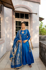 Royal Blue double yoke suit set with dupatta