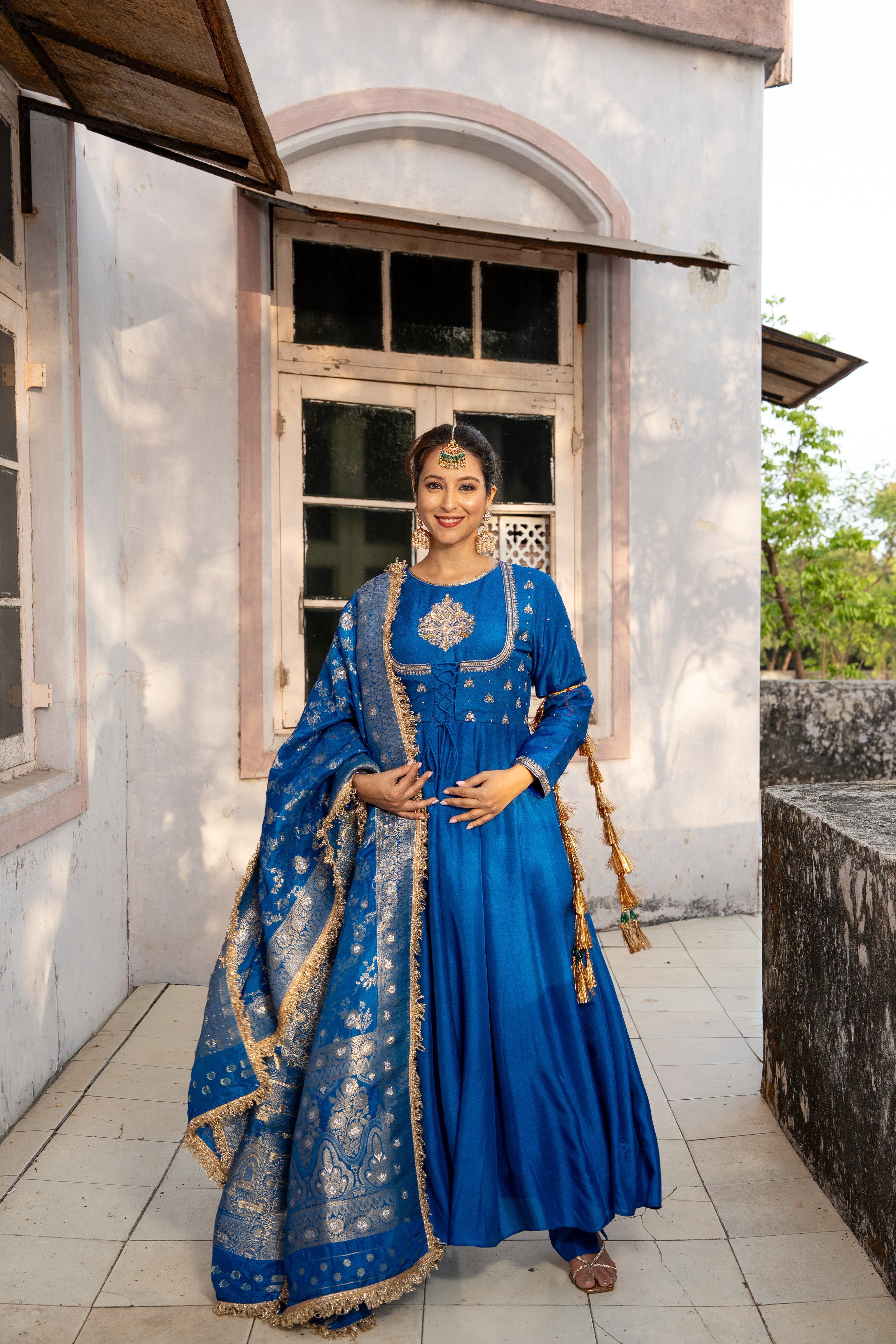 Royal Blue double yoke suit set with dupatta