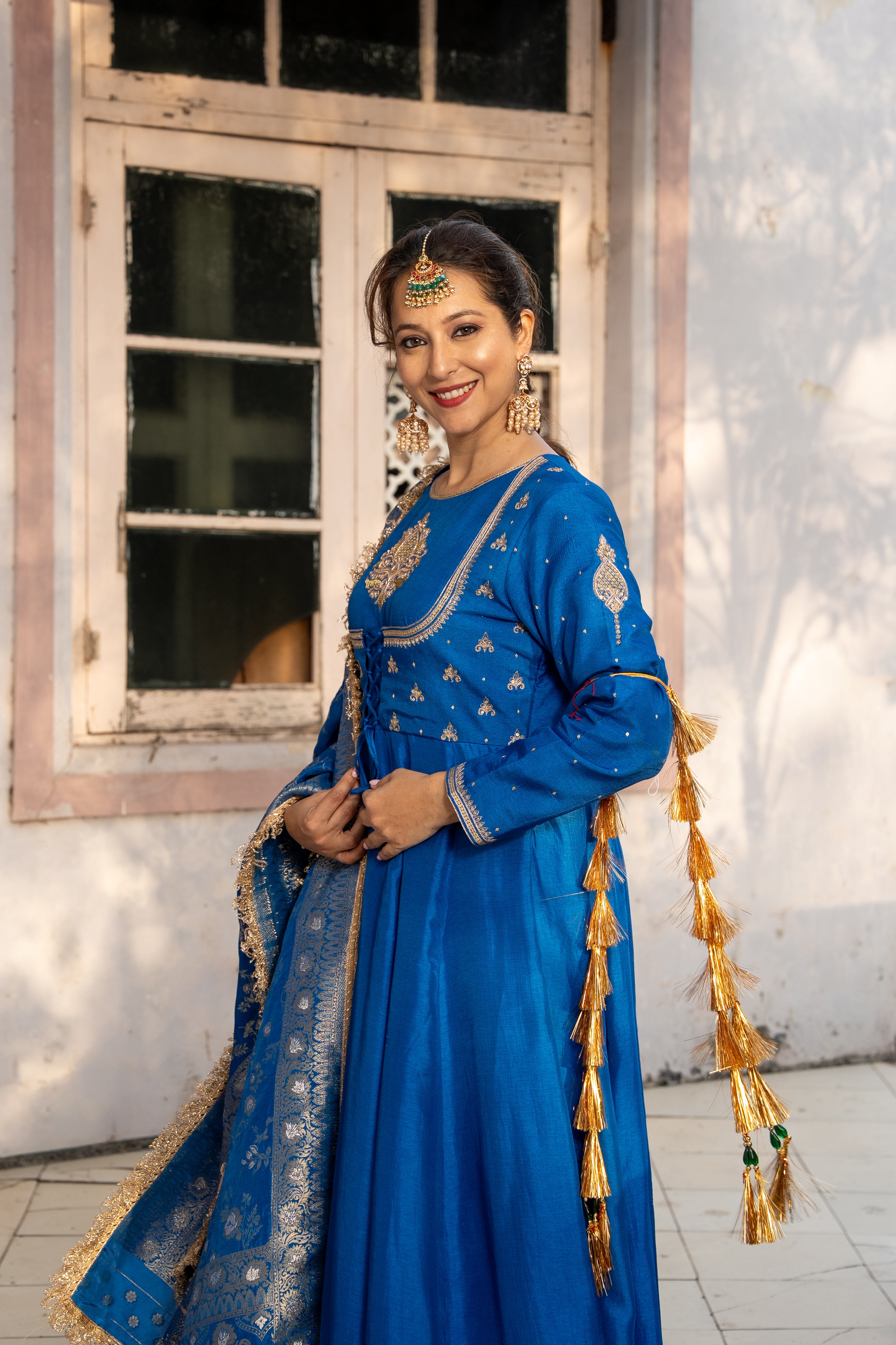 Royal Blue double yoke suit set with dupatta