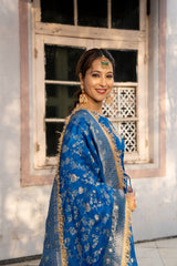 Royal Blue double yoke suit set with dupatta