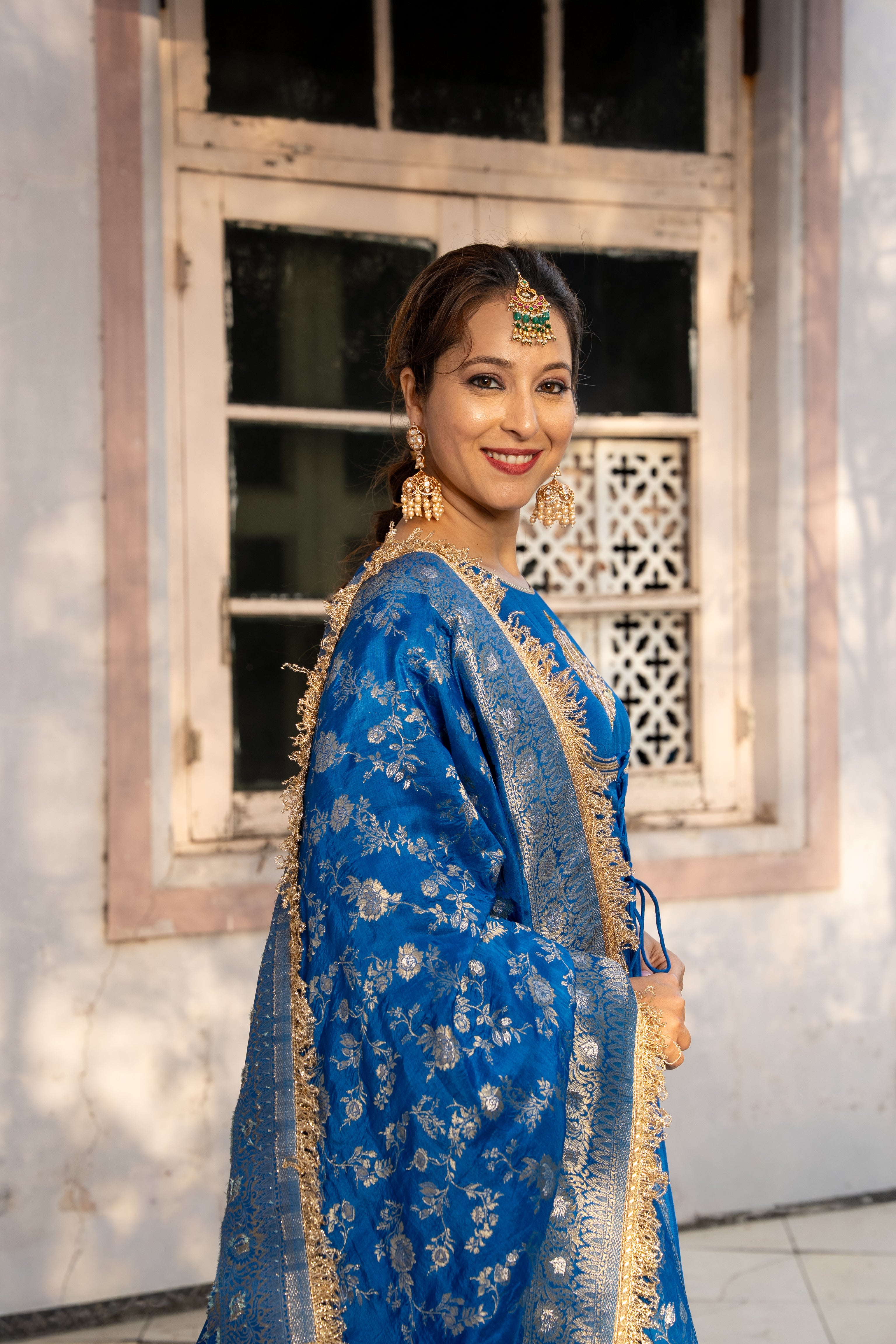 Royal Blue double yoke suit set with dupatta