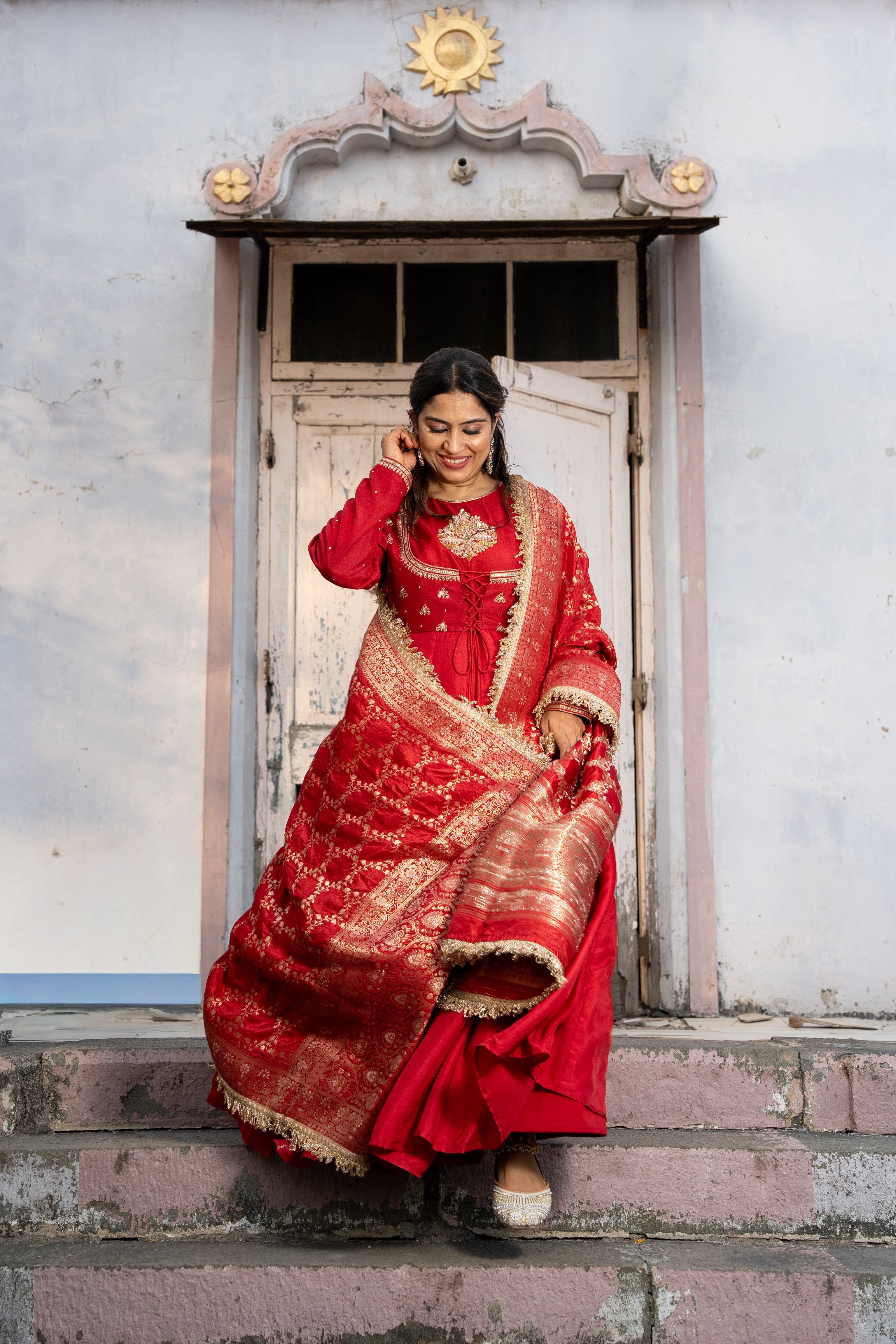 Red double yoke suit set with dupatta