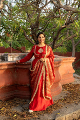 Red double yoke suit set with dupatta