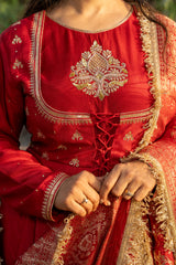 Red double yoke suit set with dupatta