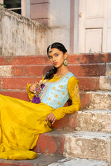 Mustard green Anarkali gown with jacket set