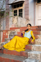 Mustard green Anarkali gown with jacket set