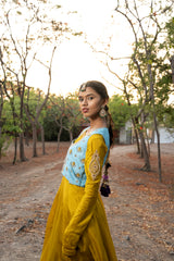 Mustard green Anarkali gown with jacket set