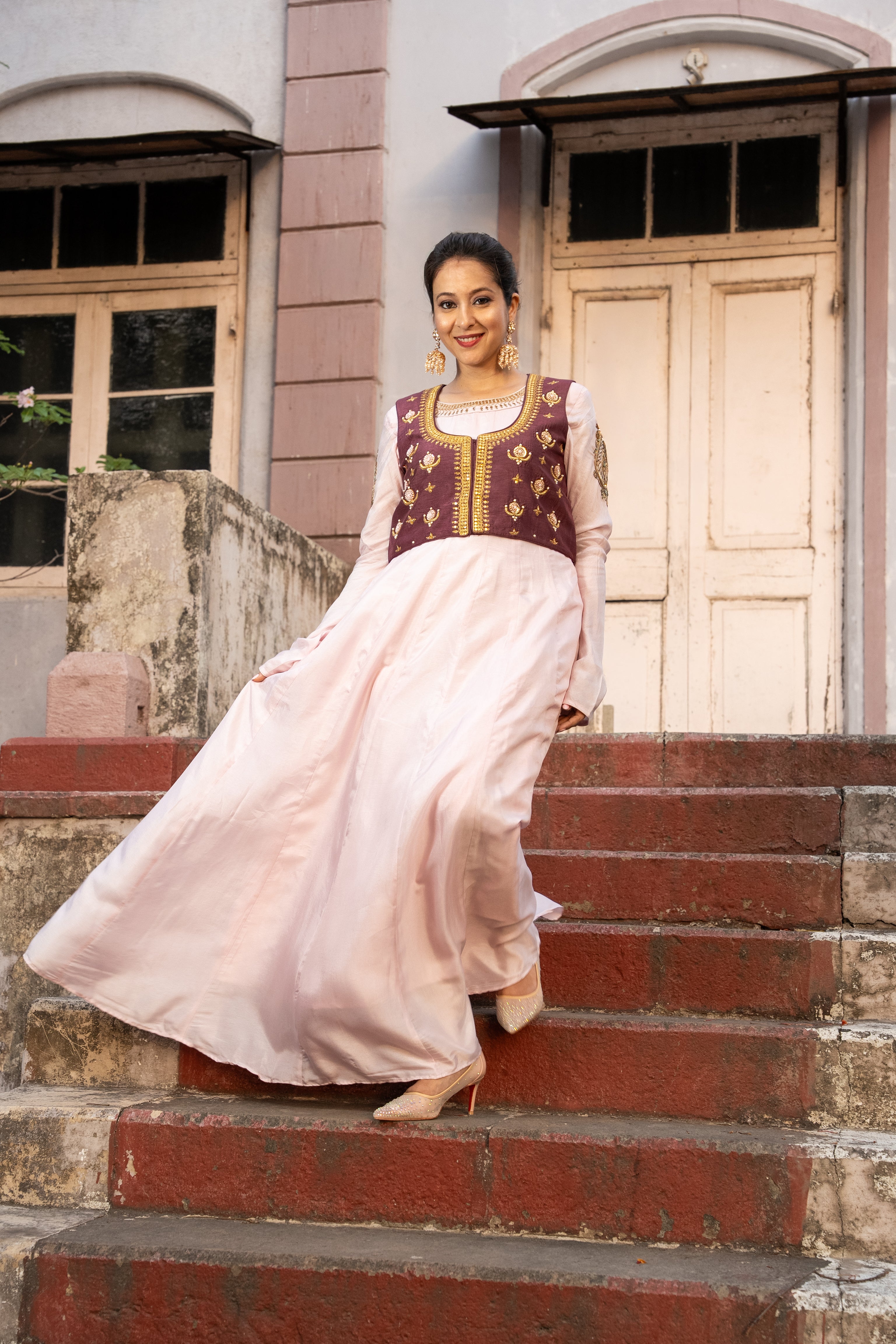 Blush Pink Anarkali gown with jacket set